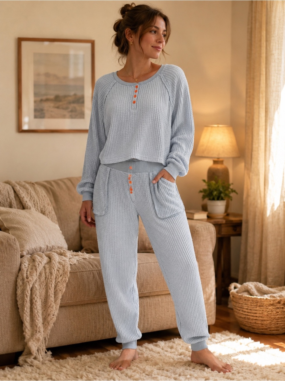 OP Light Blue Waffle-Knit Henley Pajama Set w/ Coral Buttons - read description